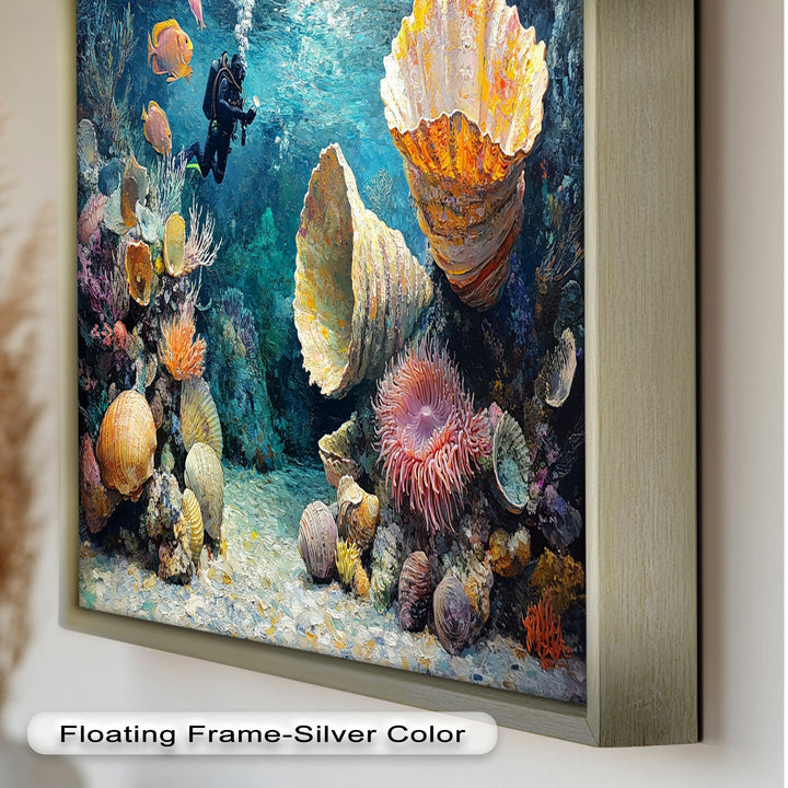 Diver Exploring Coral Reefs with Giant Shells - Animal Oil Painting