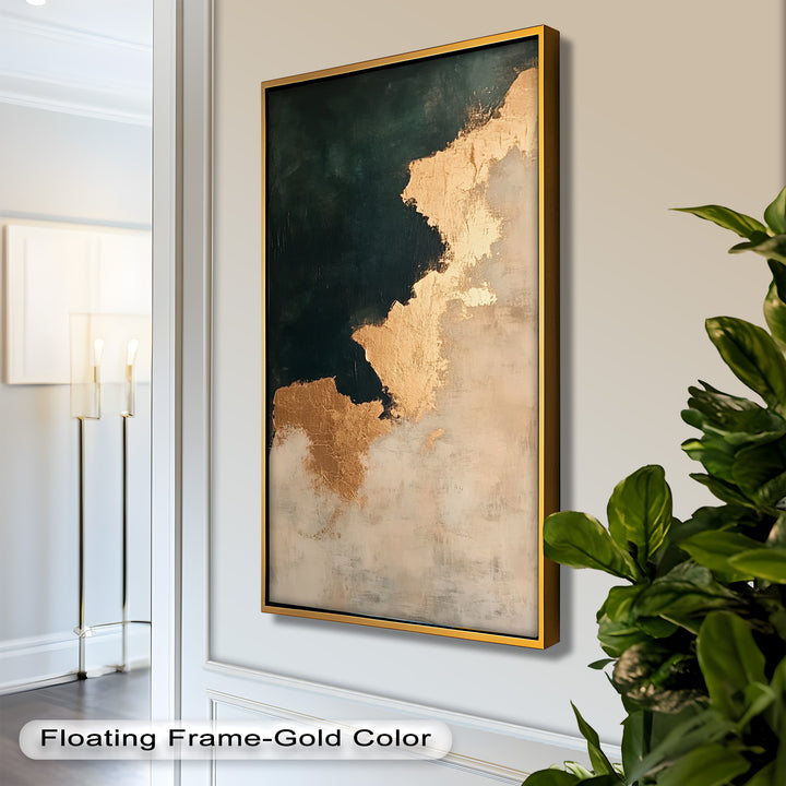 Golden Drift – Minimalistisches abstraktes Ölgemälde in Gold und Dunkelgrün