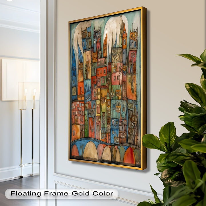 Whimsical Cat Cityscape – Surreal Architecture and Feline Picasso Oil Painting