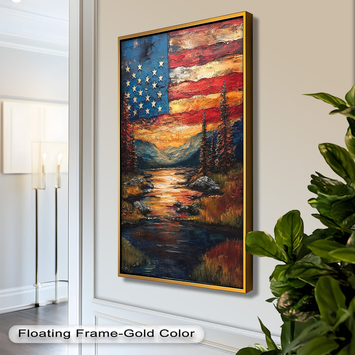 Amerikanische Flagge Sonnenuntergang Landschaft - Patriotisches Ölgemälde