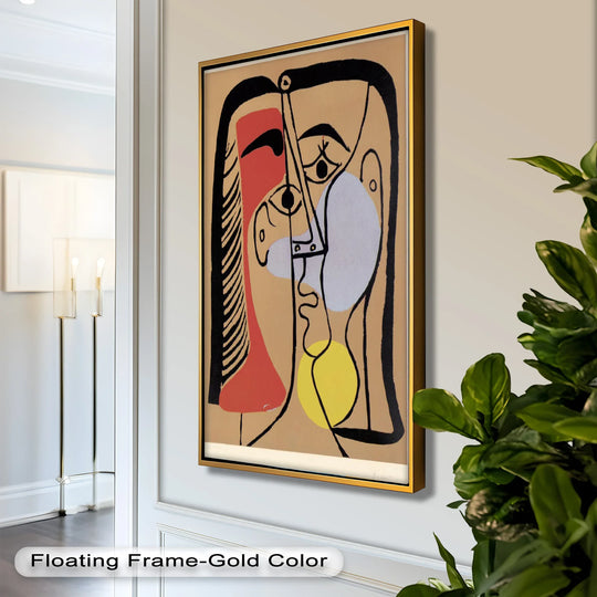 The stillness of this framed Fragmented Gaze displays a captivating minimalist Cubist portrait, an expressive oil painting reproduction print of a Picasso-style face.