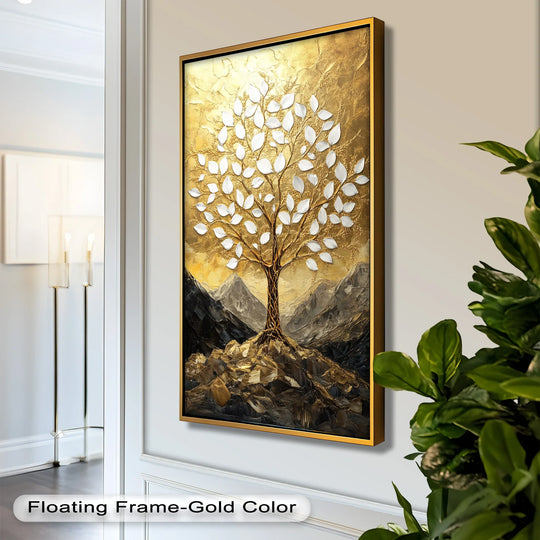 High color saturation intensifies the radiant gold tones of this 'Golden Genesis – Tree of Life' oil painting art prints, creating a visually stunning piece.