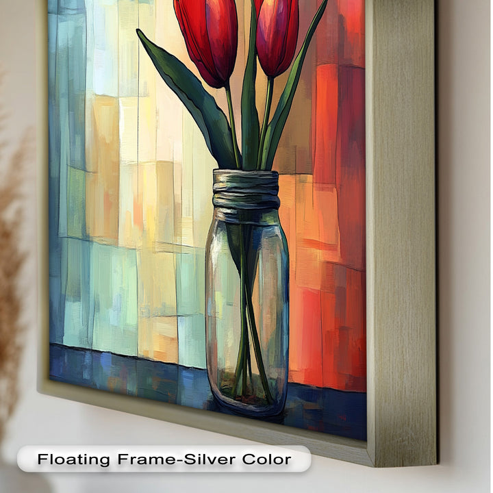 Red and Orange Tulips in Glass Vase – Bold Floral Oil Painting