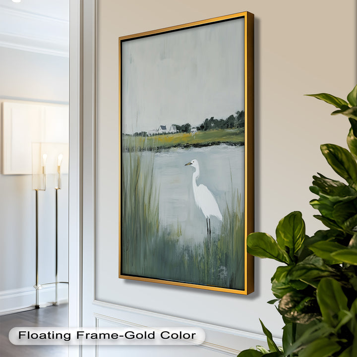 Egret by the Marsh – Minimalist Landscape Oil Painting