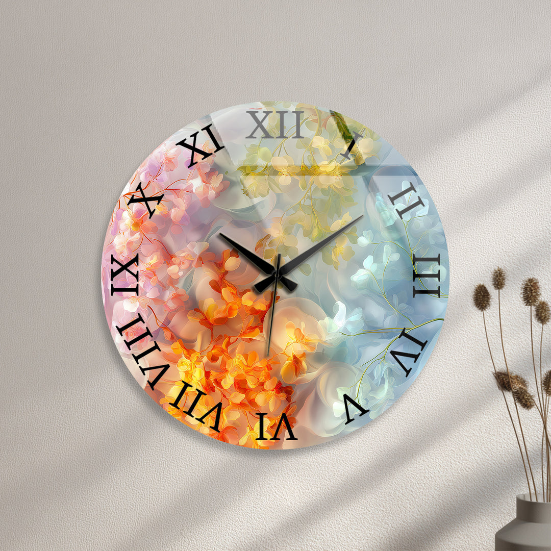 Pastel Floral Glass Wall Clock – Dreamy Botanical Decor