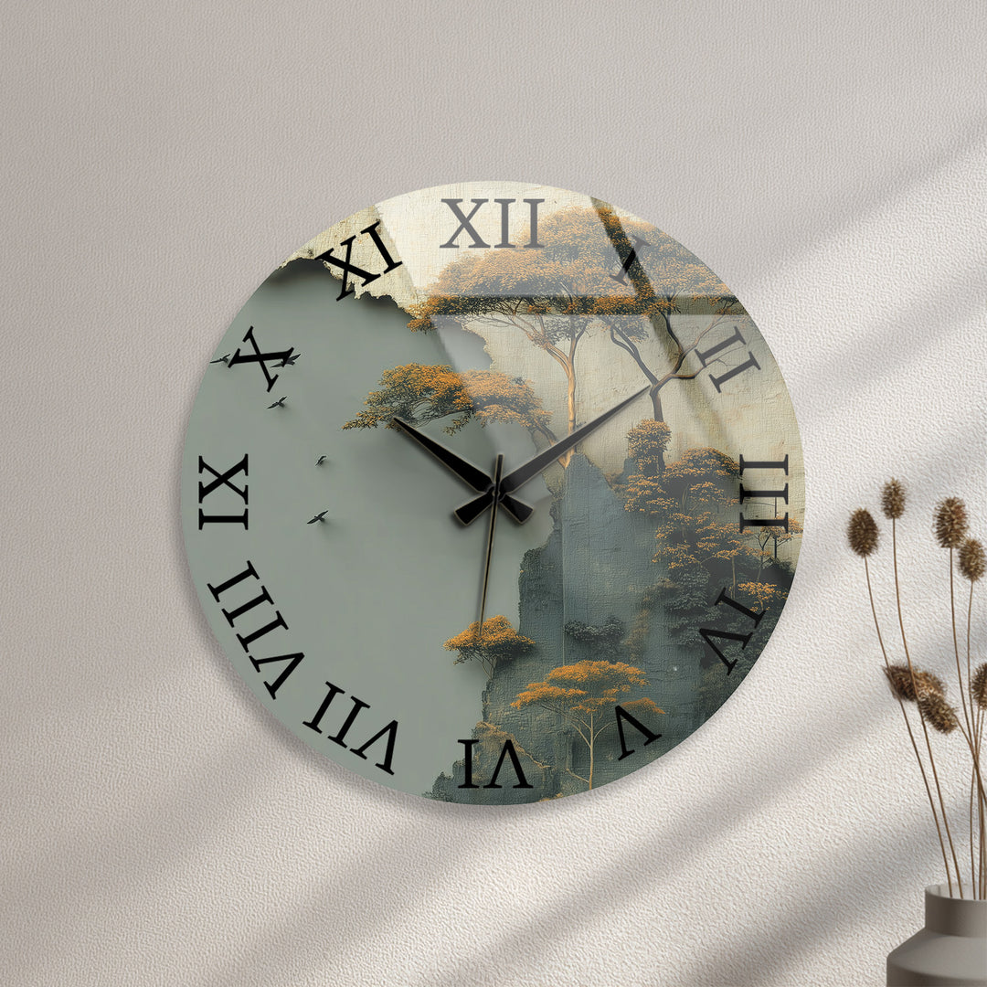 Misty Forest Glass Wall Clock – Golden Mountain Landscape