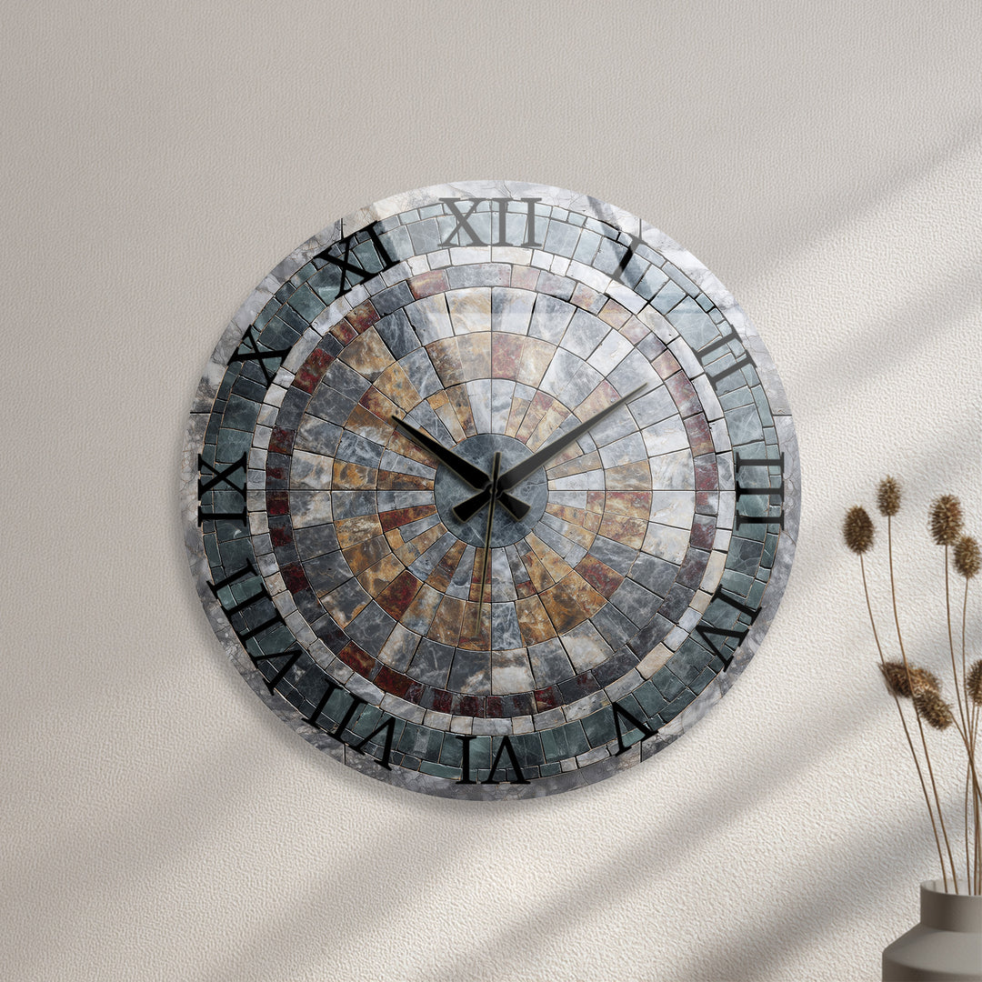 Stone Mosaic Glass Wall Clock – Rustic Geometric Decor