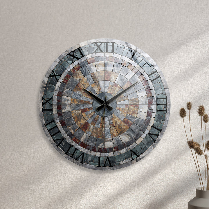 Stone Mosaic Glass Wall Clock – Rustic Geometric Decor