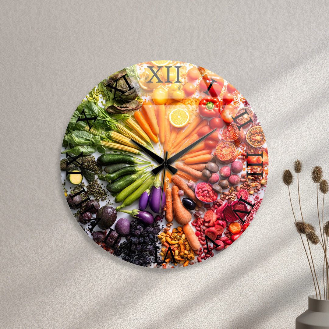 Vegetable Glass Wall Clock – Colorful Farmhouse Kitchen Decor