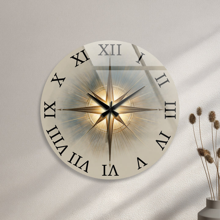 Gold Compass Rose Glass Wall Clock – Elegant Nautical Decor