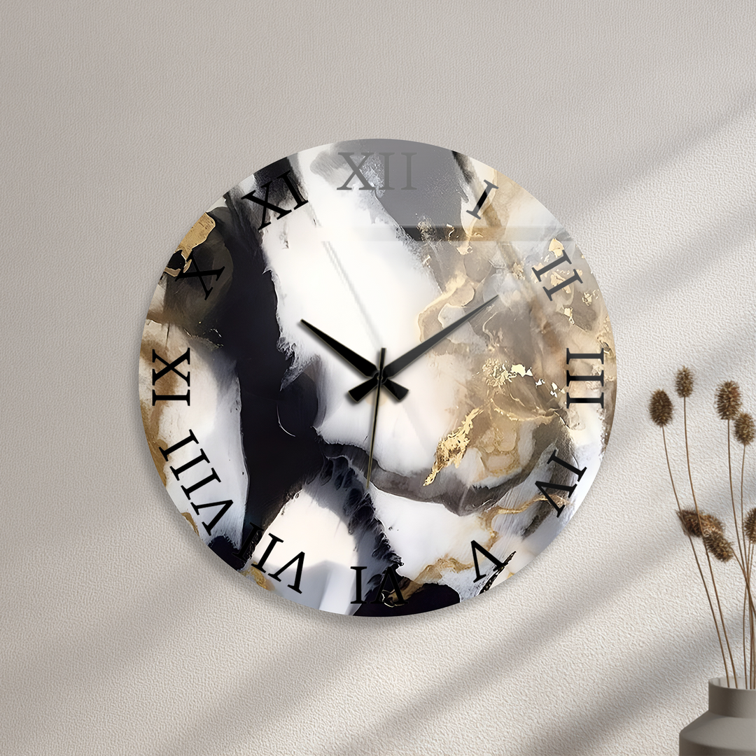 Black and Gold Marble Glass Wall Clock – Abstract Luxury Decor