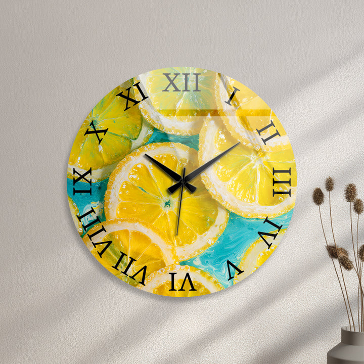 Yellow Lemon Glass Wall Clock – Bright Citrus Kitchen Decor