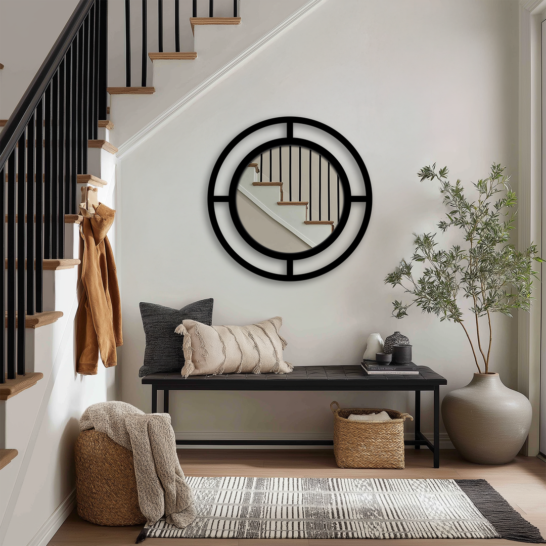 Circular in shape, the modern double ring stained glass wall mirror in a vertical orientation enhances this interior design.