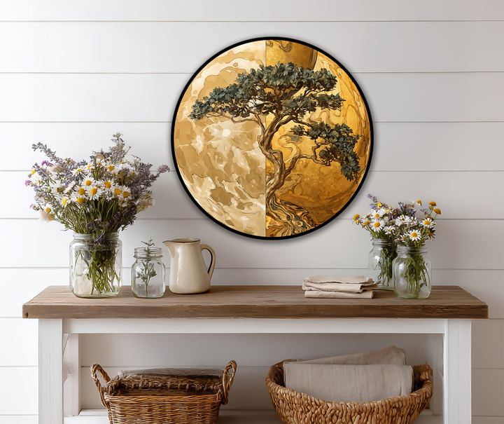 The focal point shows the Golden Balance Tree as an oil painting reproduction print in a round frame, a balanced wall art with an eye-catching dual-tone background.