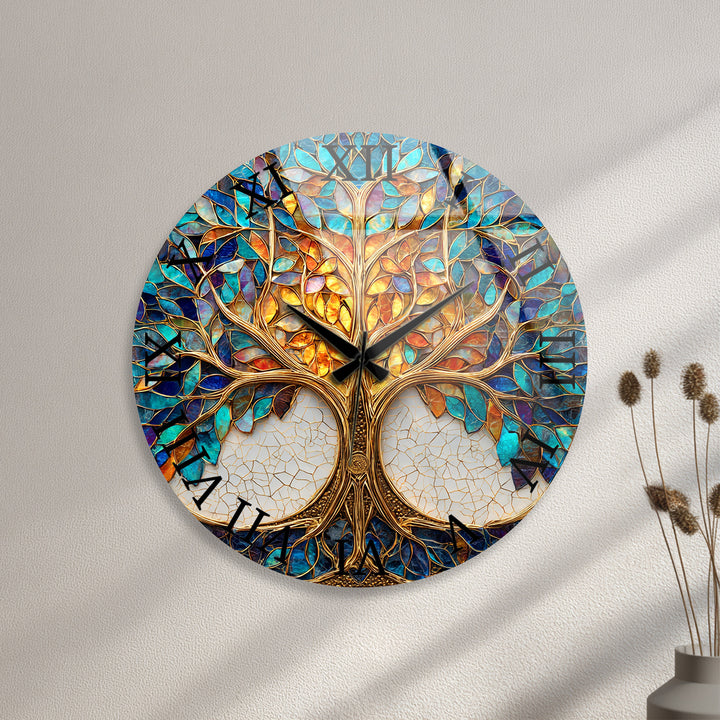 Tree of Life Glass Wall Clock – Blue and Gold Mosaic Decor