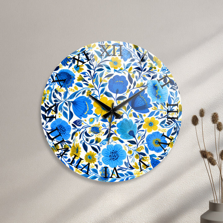 Blue and Yellow Floral Glass Wall Clock – Botanical Decor