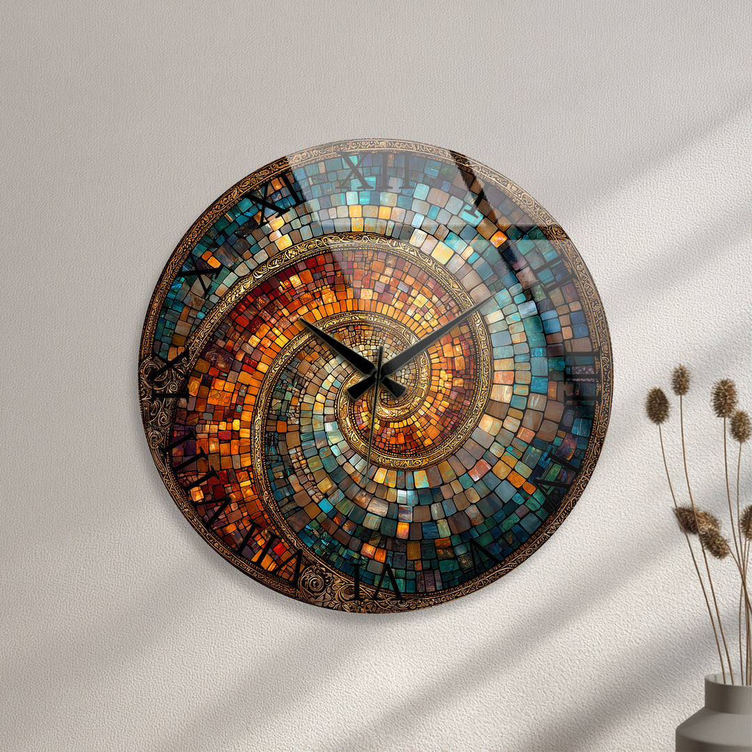 Spiralmosaik-Glaswanduhr – abstrakte Kunst in Blaugrün und Kupfer