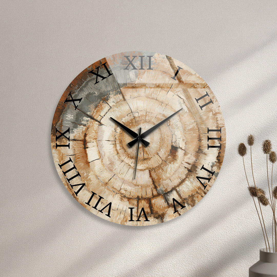 Tree Ring Glass Wall Clock – Rustic Wood Grain Decor