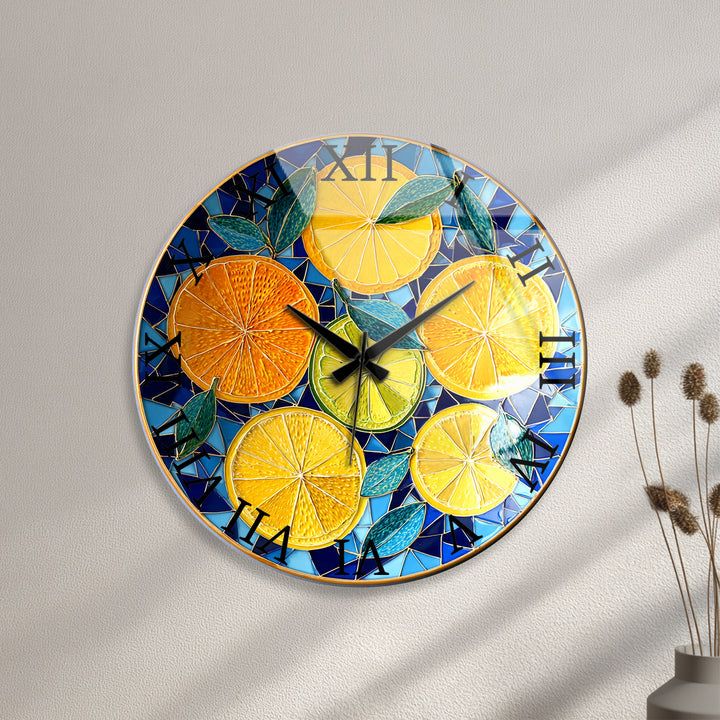 Lemon and Orange Glass Wall Clock – Mediterranean Kitchen Decor