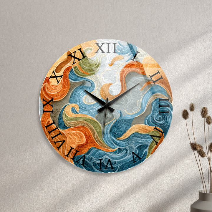 Abstract Ocean Glass Wall Clock – Blue and Orange Wave Art