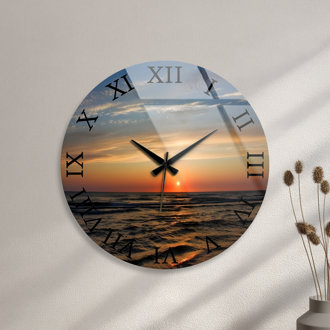 Ocean Sunset Glass Wall Clock – Coastal Beach Decor