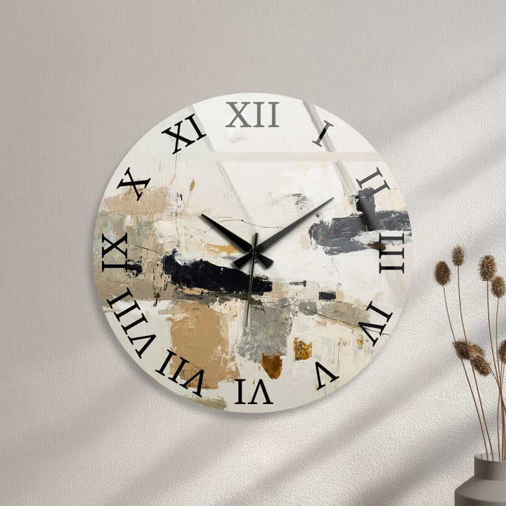 Neutral Abstract Glass Wall Clock – Black and Beige Modern Art