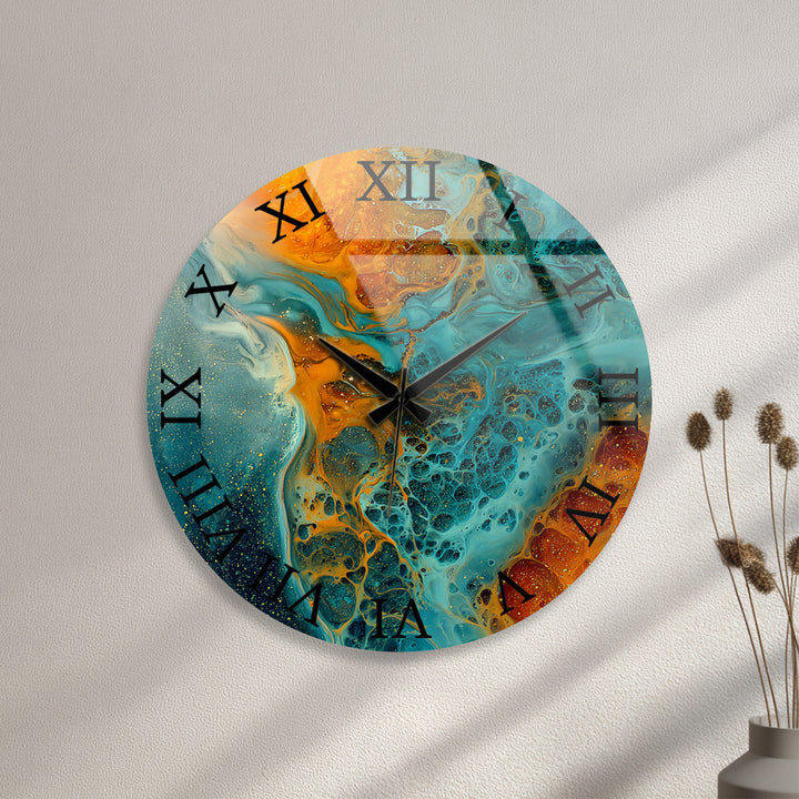 Fluid Art Glass Wall Clock – Teal and Gold Abstract Pour Decor