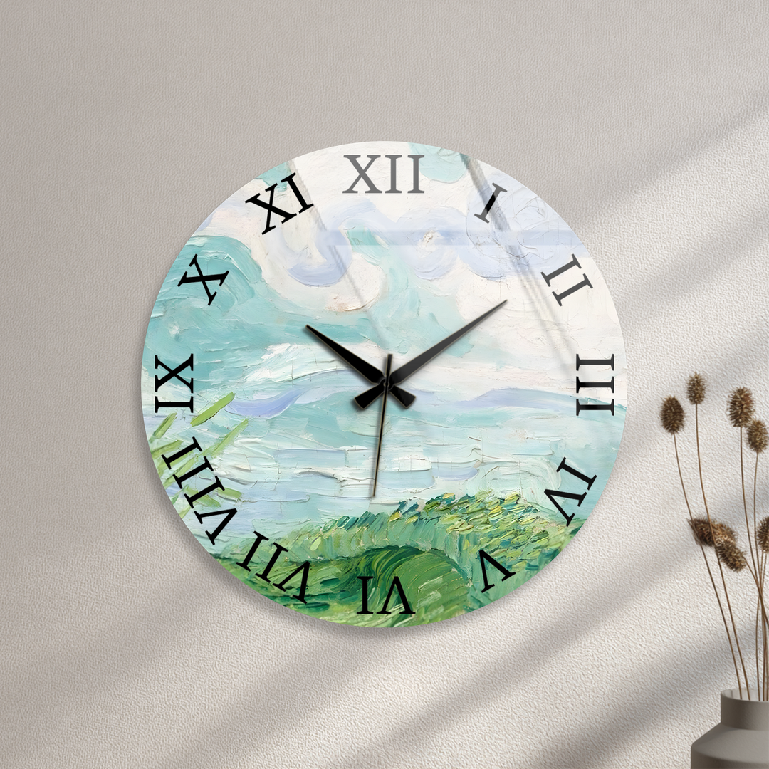 Pastellfarbene Küstenwanduhr aus Glas – abstrakte Meereslandschaftskunst