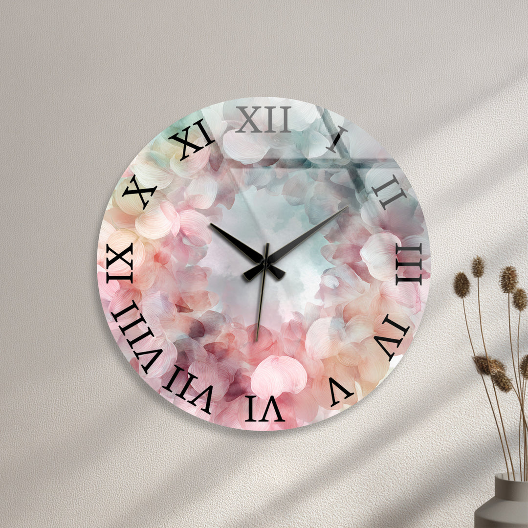 Pastel Hydrangea Glass Wall Clock – Pink Floral Wreath Decor