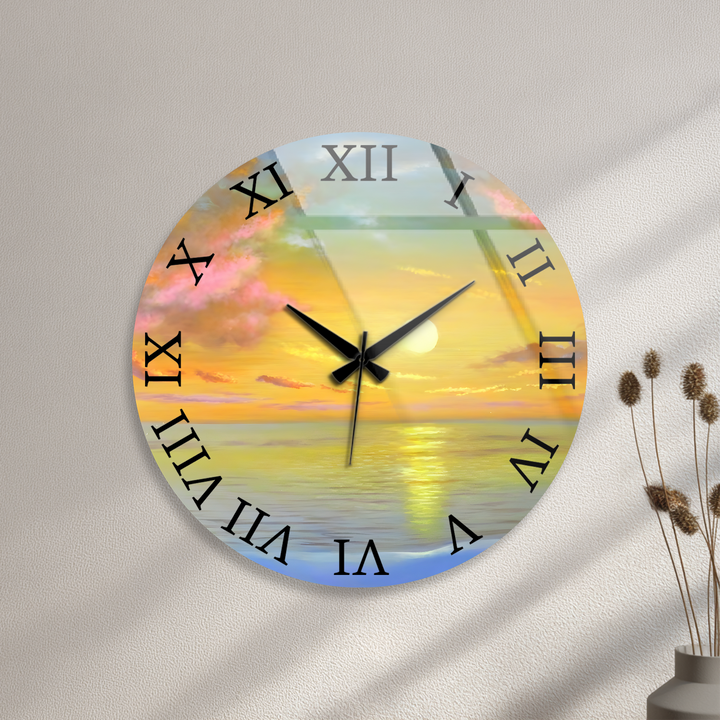 Ocean Sunset Glass Wall Clock – Golden Coastal Decor