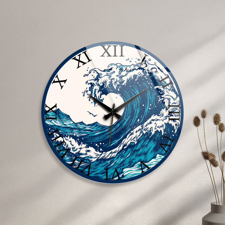Japanese Wave Glass Wall Clock – Blue Ocean Coastal Decor