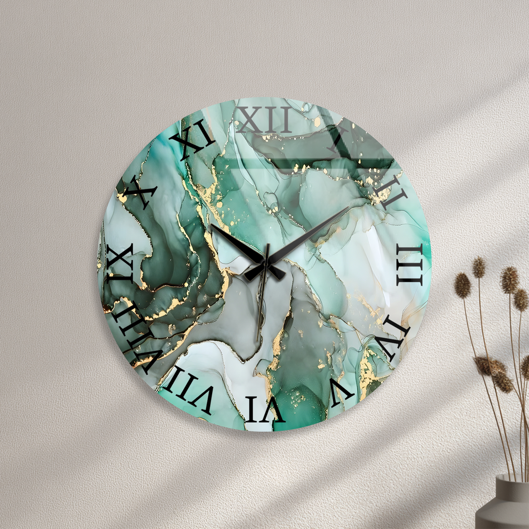 Emerald Green Marble Glass Wall Clock – Gold Accent Decor