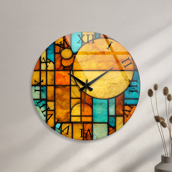 Orangefarbene und blaugrüne Glaswanduhr – geometrische Retro-Sonnenkunst