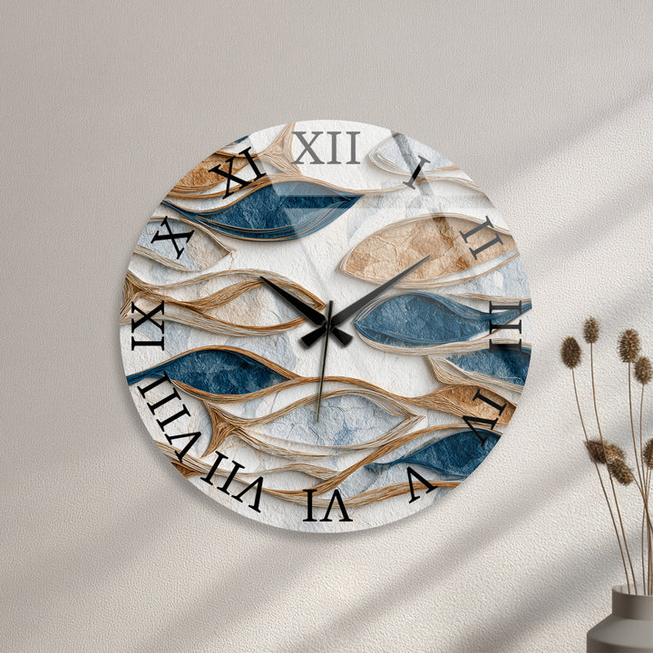 Blue and Beige Glass Wall Clock – Modern Organic Abstract Art
