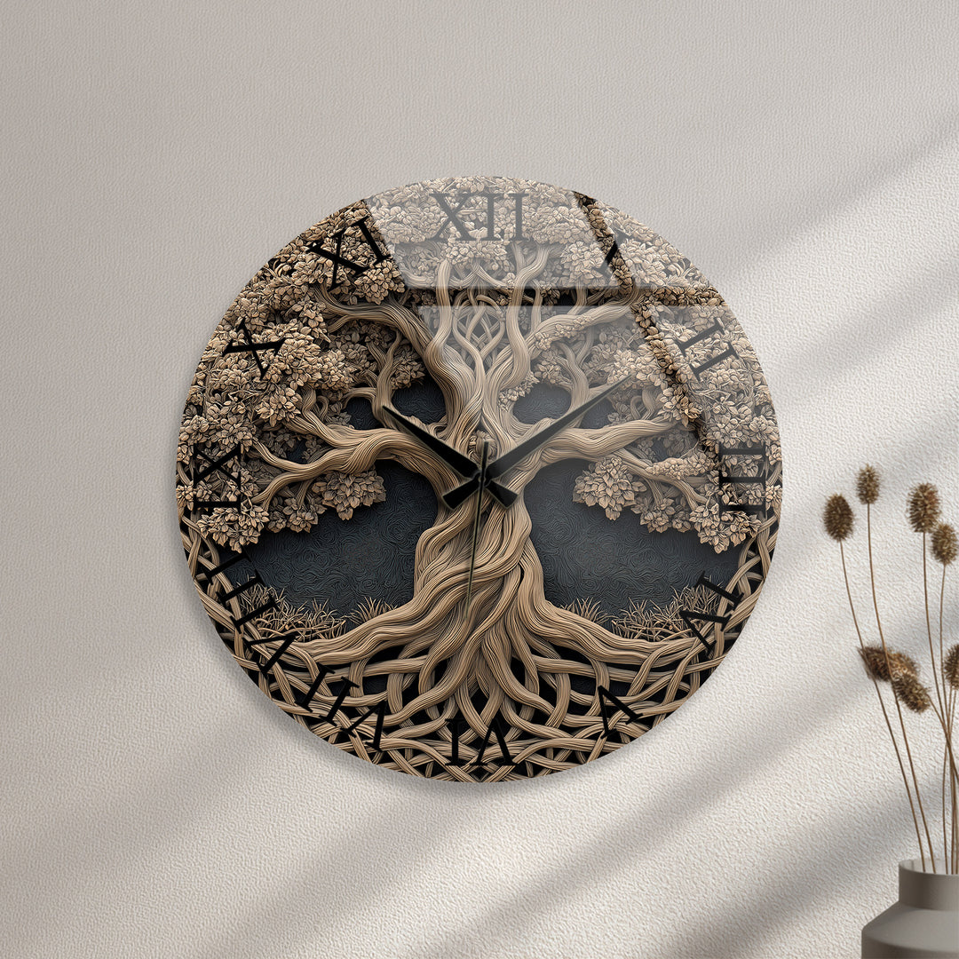 Baum des Lebens Glas-Wanduhr – Rustikale geschnitzte Holzoptik