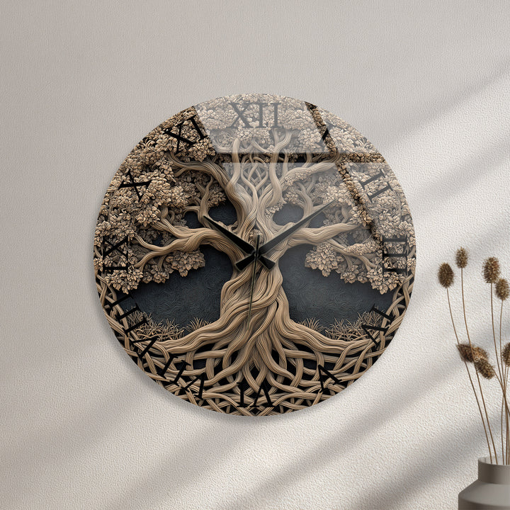 Baum des Lebens Glas-Wanduhr – Rustikale geschnitzte Holzoptik