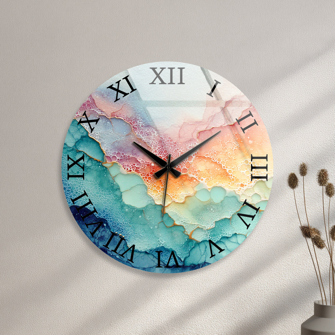 Pastel Fluid Art Glass Wall Clock – Pink and Teal Abstract Decor