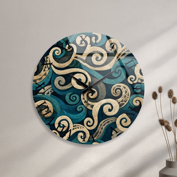 Teal Spiral Glass Wall Clock – Blue and Beige Abstract Swirl Art