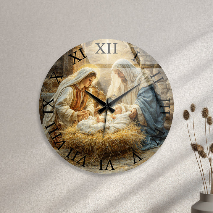 Nativity Scene Glass Wall Clock – Holy Family Christmas Decor
