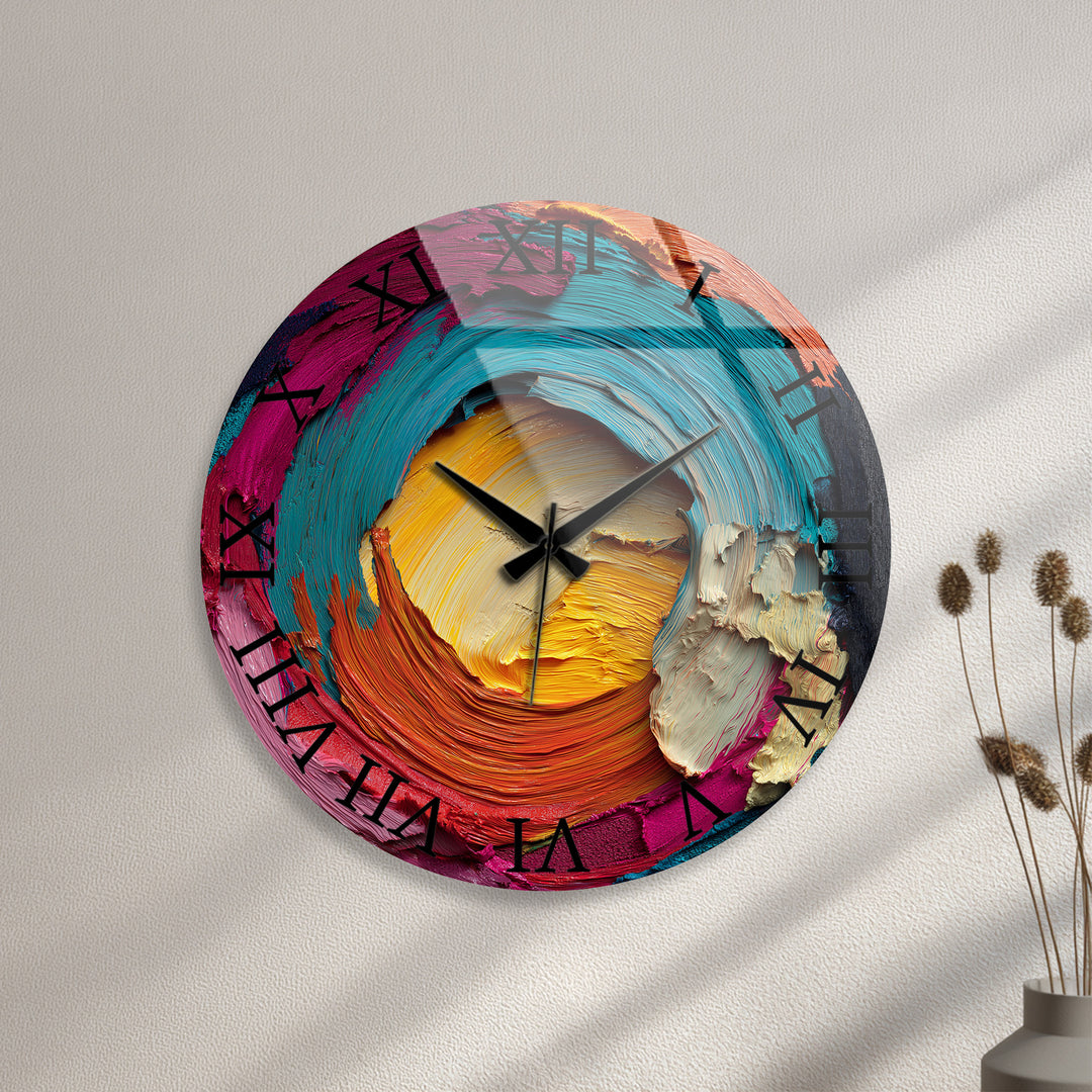 Colorful Abstract Glass Wall Clock – Vibrant Impasto Swirl Art