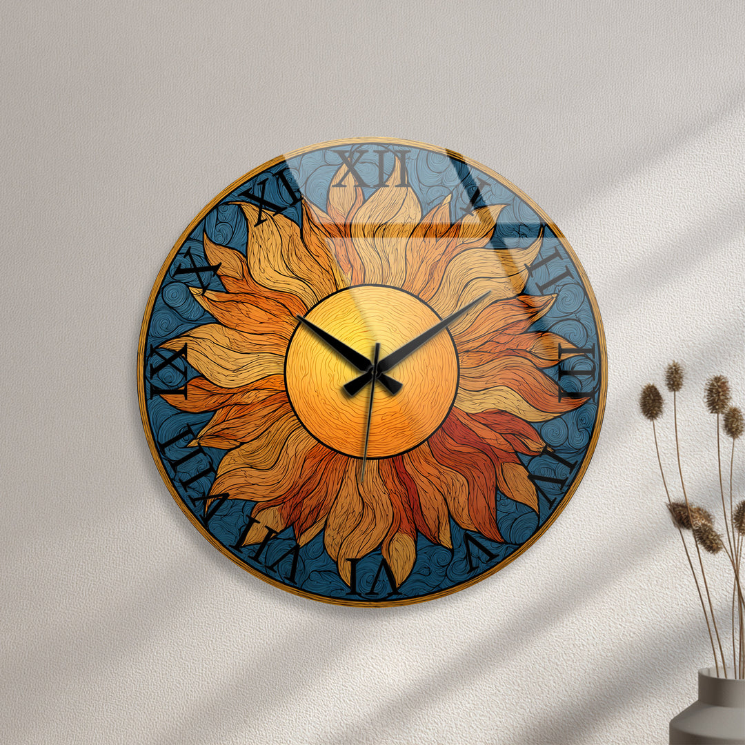 Boho Sun Glass Wall Clock – Golden Sunburst Decor