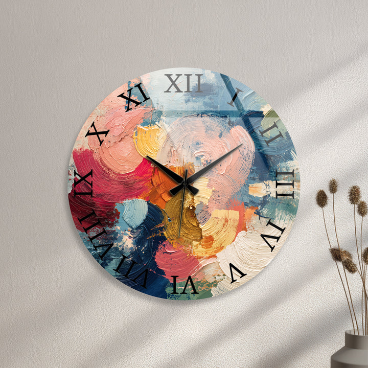 Colorful Abstract Glass Wall Clock – Textured Brushstroke Art