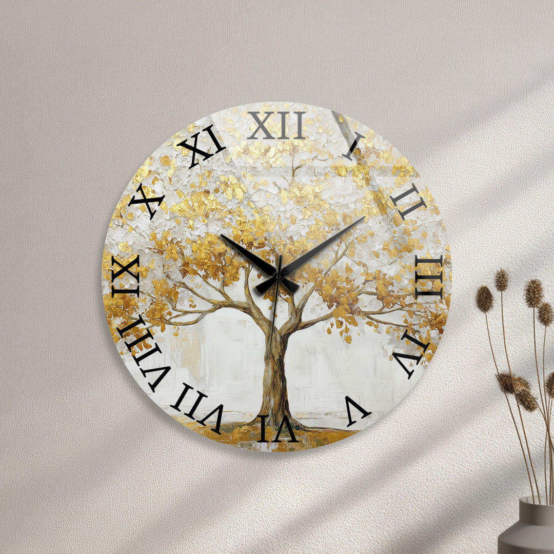 Gold Tree of Life Glass Wall Clock – White and Gold Modern Decor