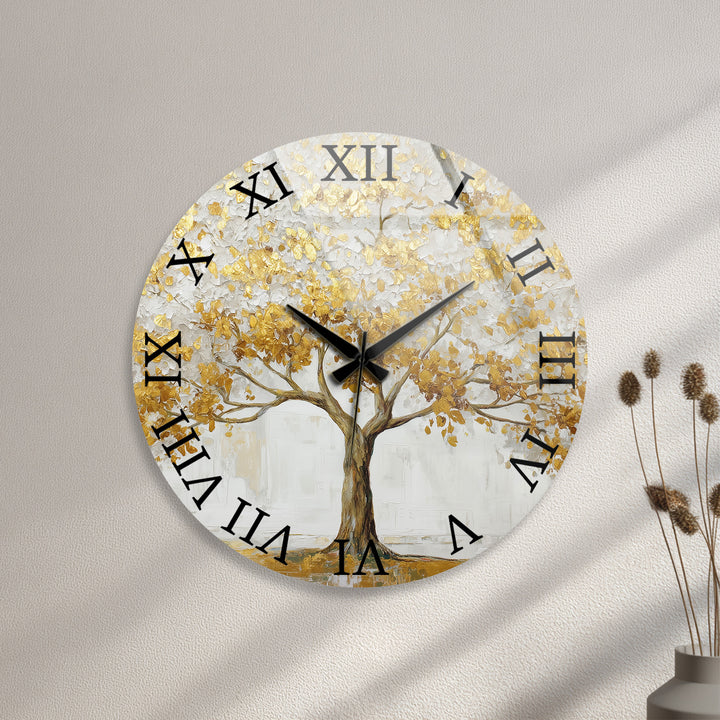 Gold Tree of Life Glass Wall Clock – White and Gold Modern Decor