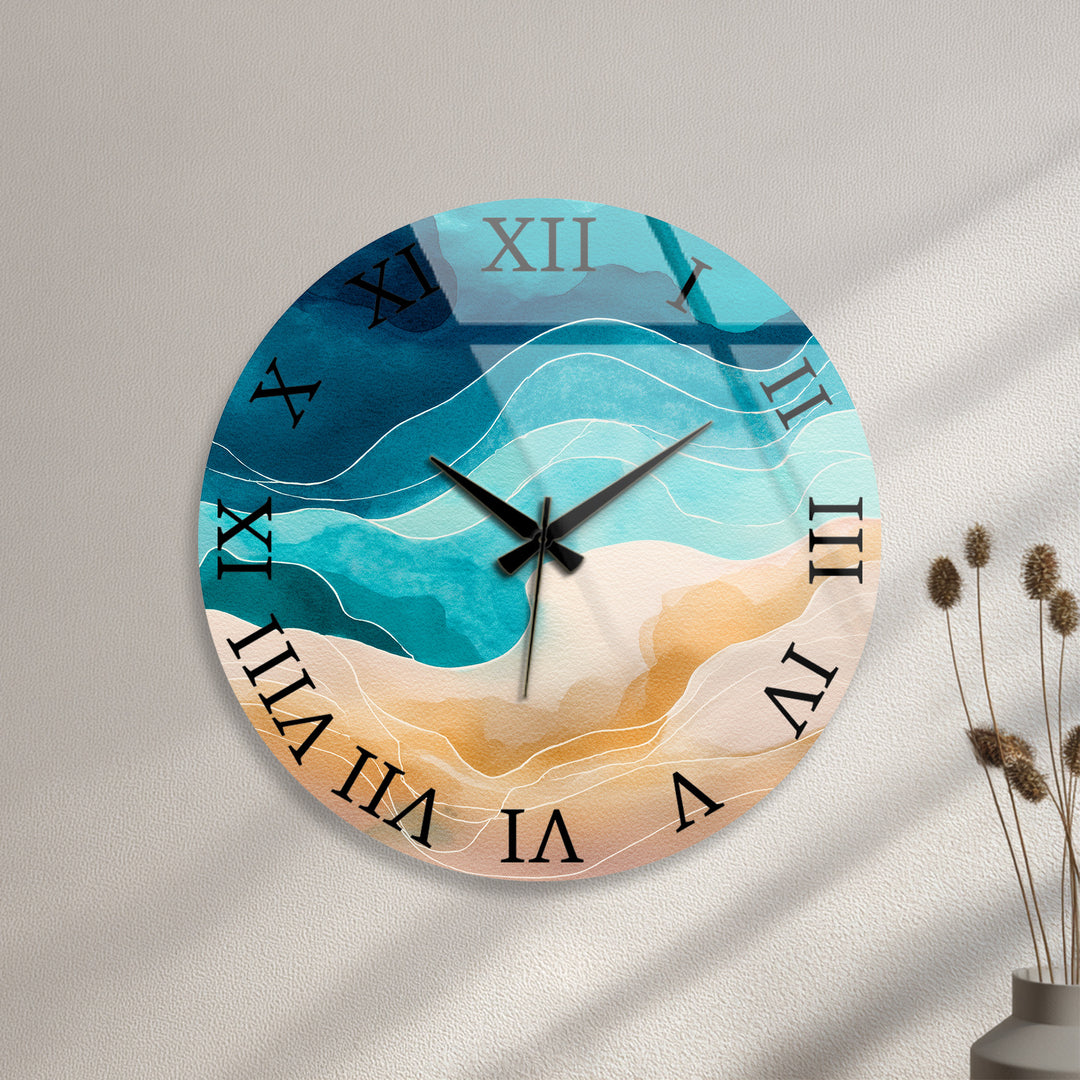 Abstract Coastal Glass Wall Clock – Blue Ocean Wave Decor