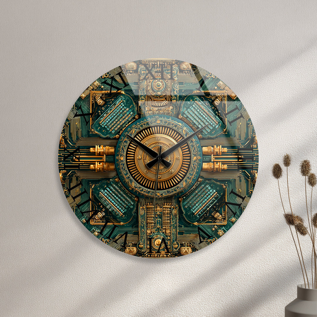 Steampunk-Wanduhr aus Glas – goldenes mechanisches Zahnraddekor