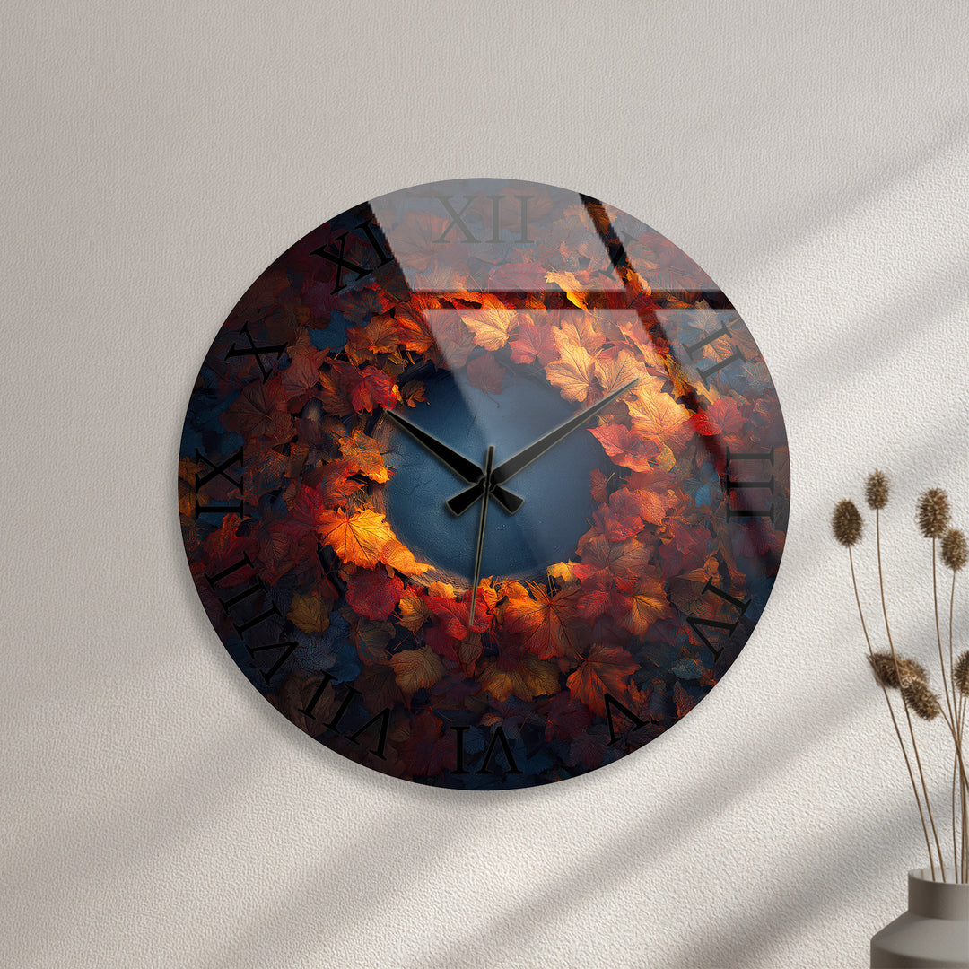 Glas-Wanduhr mit Herbstblättern – rustikales Herbstkranz-Dekor