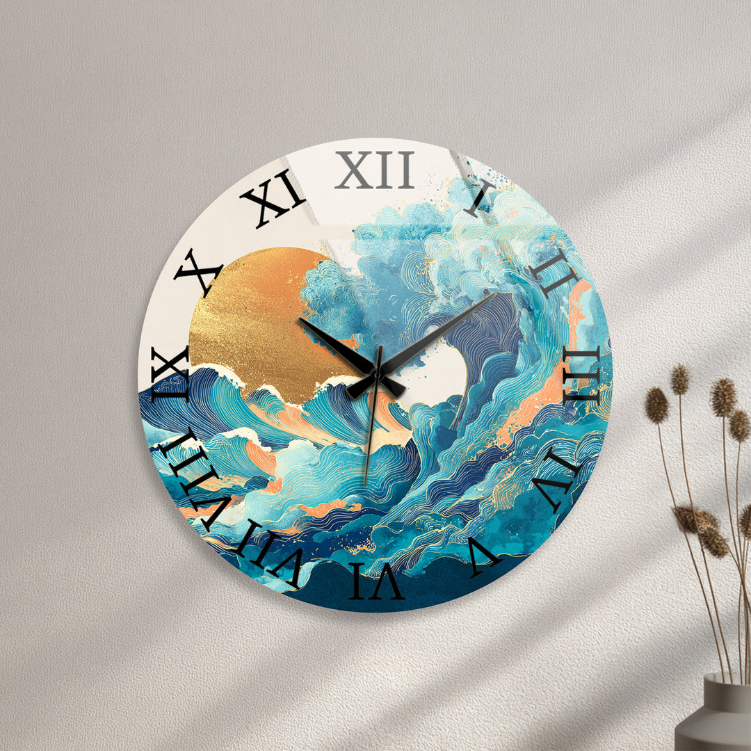 Japanese Wave Glass Wall Clock – Blue Ocean Sunset Art Decor