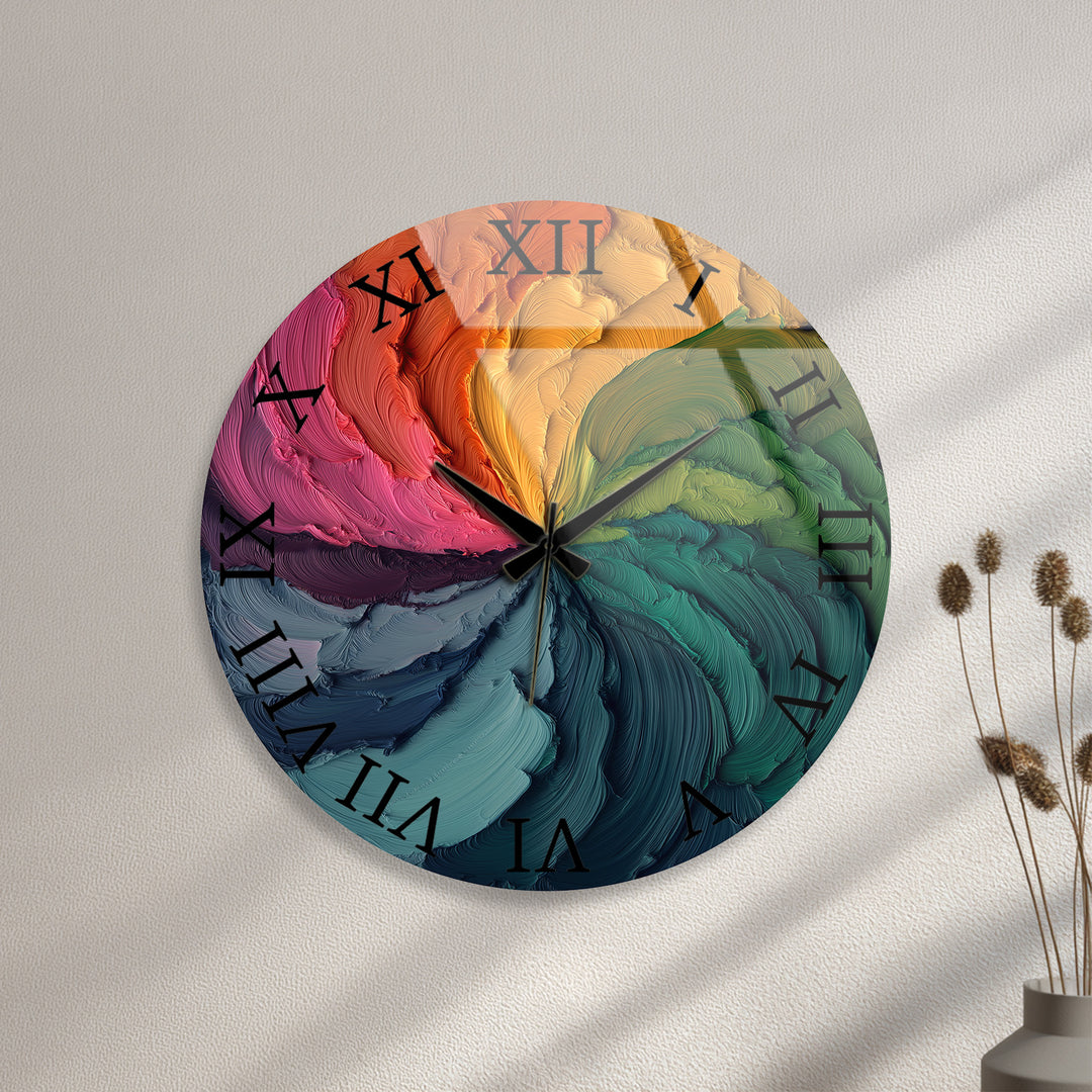 Colorful Abstract Glass Wall Clock – Rainbow Oil Painting Art
