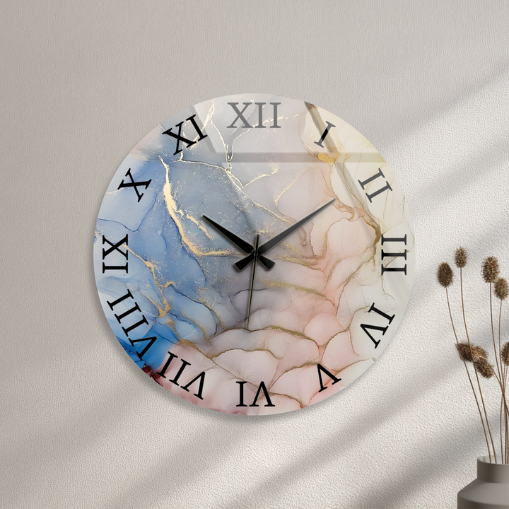 Pastellrosa und blaue Marmorglas-Wanduhr